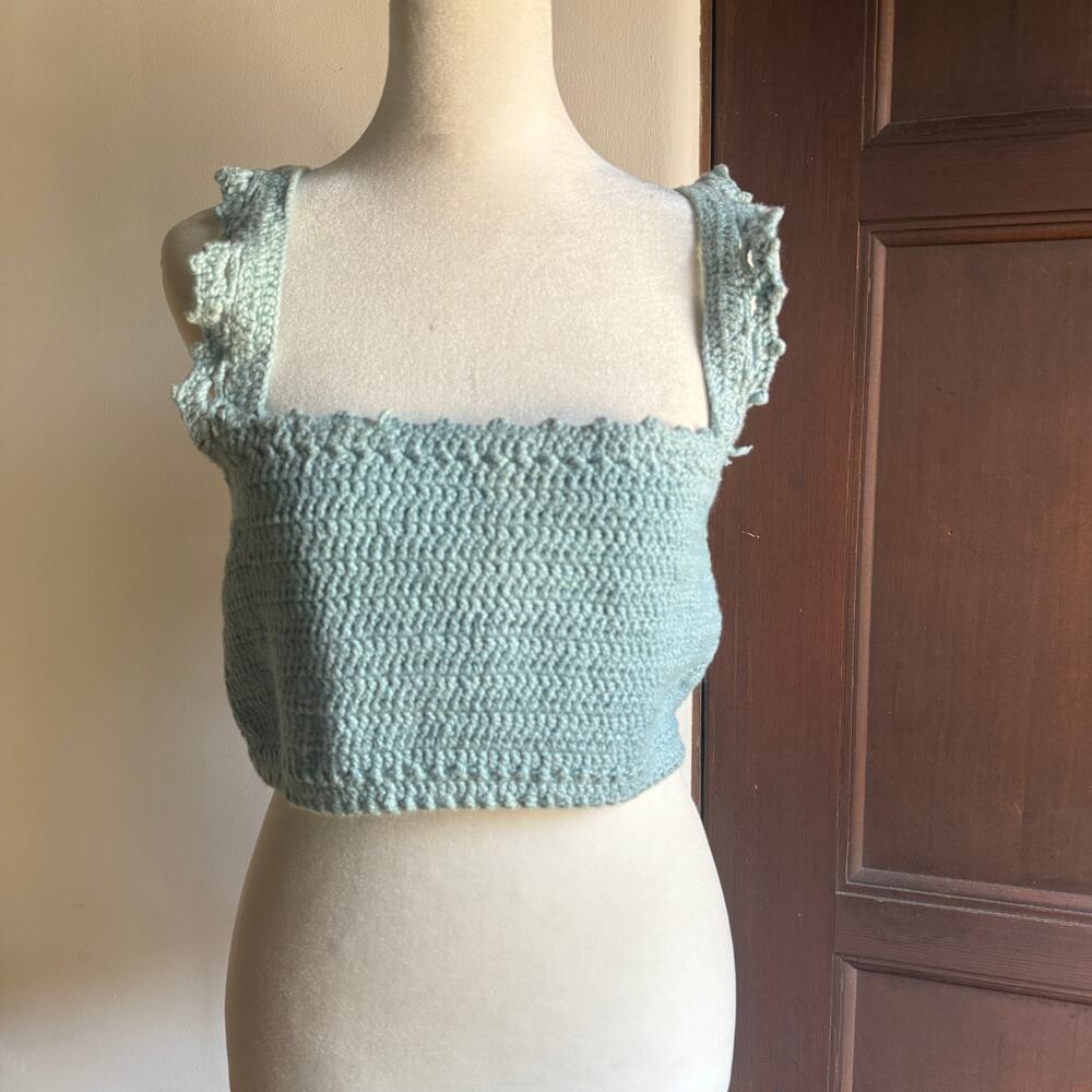 Vintage Handmade | Paste Blue Cotton Knit Crop Top with Corset back | Medium